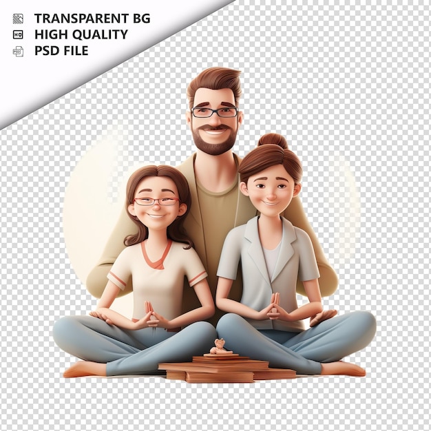 PSD white family meditating 3d cartoon style white background