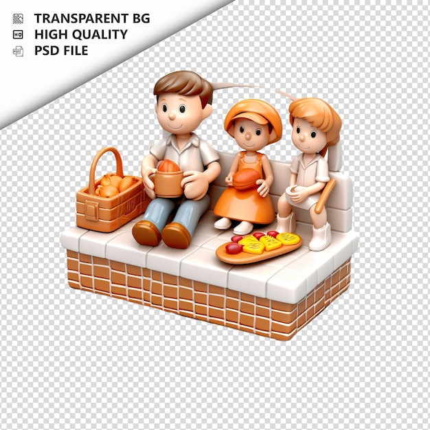 PSD picnic di famiglia bianco in 3d in stile cartone animato sullo sfondo bianco