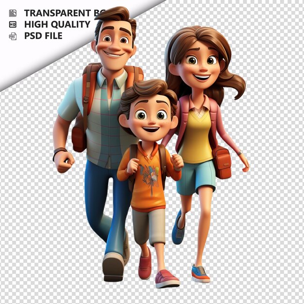 White family walking 3d cartoon stijl witte achtergrond is