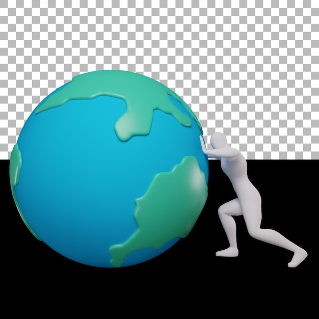 A white figure pushing a globe with the word earth on it.