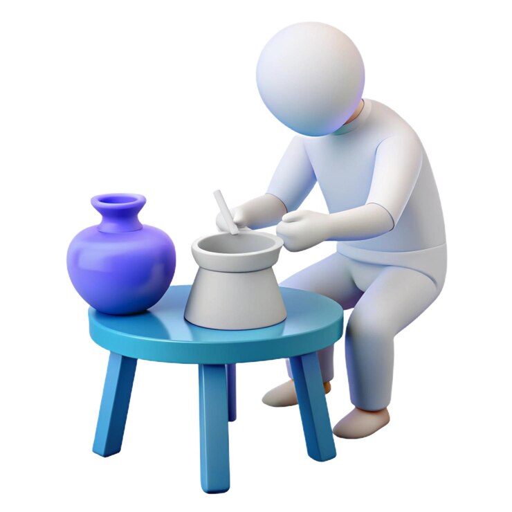 PSD a white figure with a blue pot on a table and a pot on the table