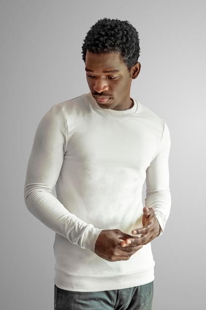 white fitted long sleeve sweater mockup on male model stucio shot psd
