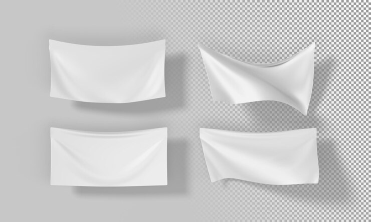 PSD белые флаги макет вымпелы, развевающиеся на ветру 3d рендеринг набор иконок пустые тканевые горизонтальные баннеры для рекламы реалистичный фестивальный прямоугольный текстильный шаблон, изолированный на заднем плане