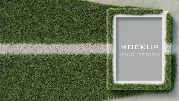 Макет белой рамки на бетонной стене с травяным игровым полем