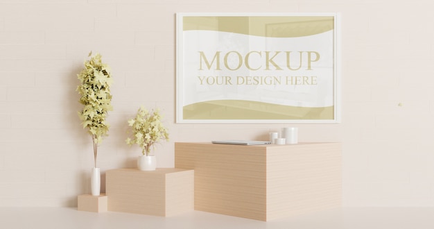 White frame mockup on the wall with couple decorative plants