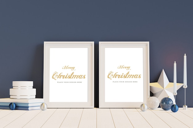 White frame with christmas decoration mockup