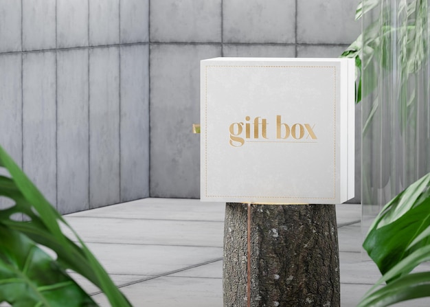 White gift box mockup for logo presentation on concrete tropical background 3d render