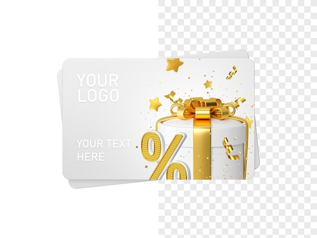 Белый подарочный сертификат или дисконтная карта с золотой подарочной коробкой и процентами и звездной 3d иллюстрацией