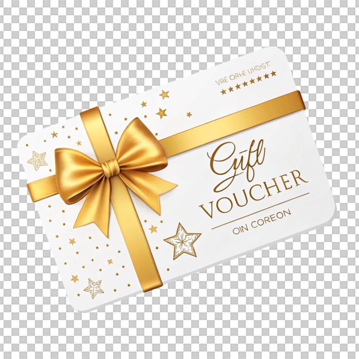 PSD white gift voucher with gold ribbon and bow discount coupon isolated on transparent background