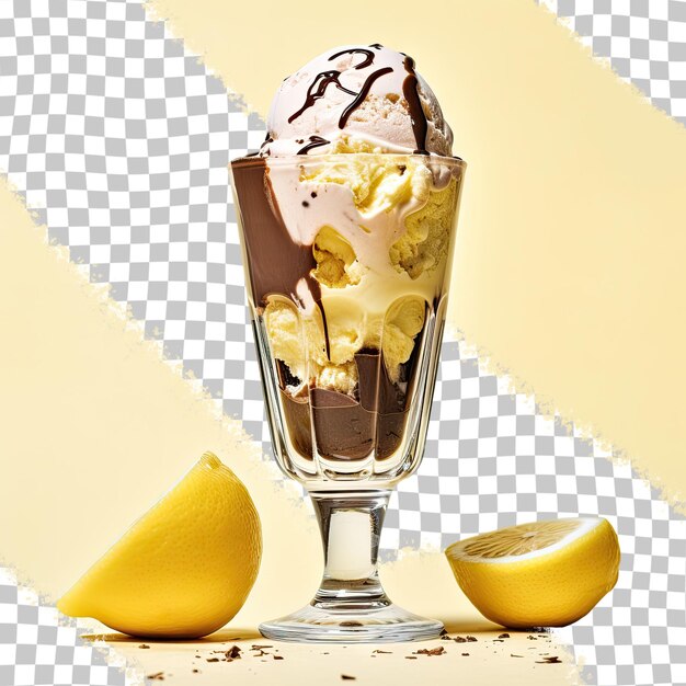 White glass contains ice cream that is colored like chocolate and lemon