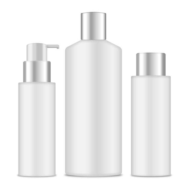 PSD white glossy plastic bottle set with dispenser for liquid soap lotion shampoo shower gel mockup