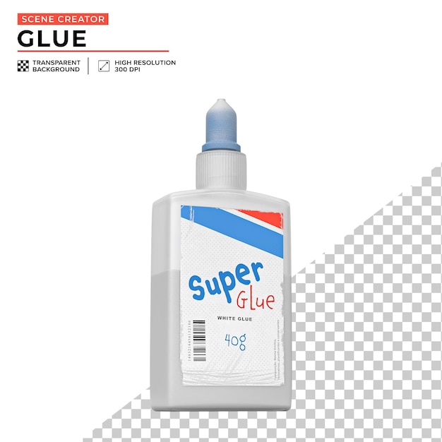 white glue bottle with blue cap and torn and destroyed information sticker for scene creation
