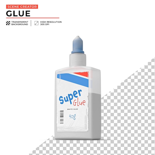 white glue bottle with blue cap and torn and destroyed information sticker for scene creation
