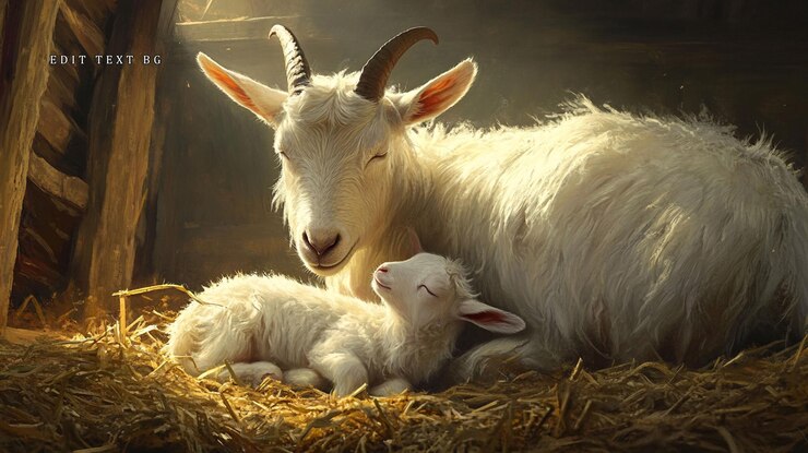 PSD a white goat mother tenderly rests with her newborn kid in a barn sunlight streaming through