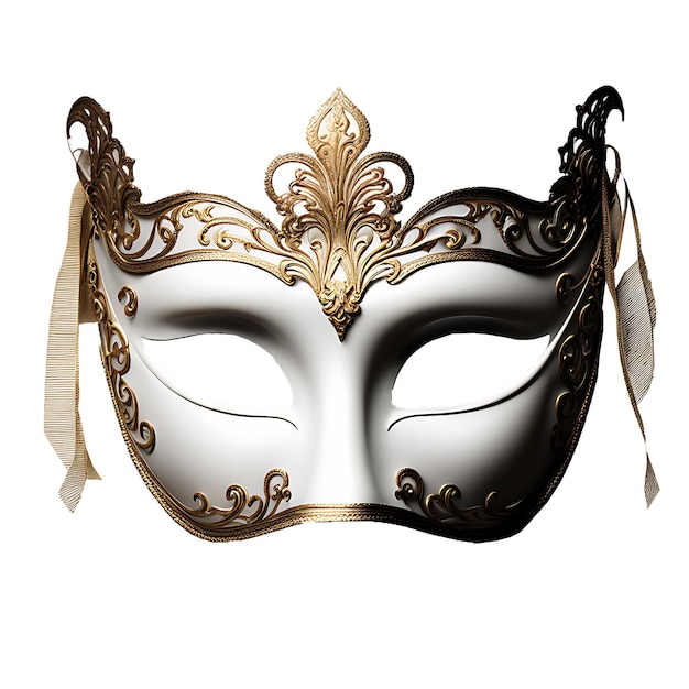 Una maschera d'opera di carnevale di mascherata veneziana bianca e dorata su uno sfondo trasparente file png