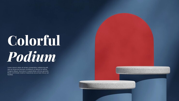 PSD white granite cylinder podium in landscape red arch and blue wall 3d render image mockup template