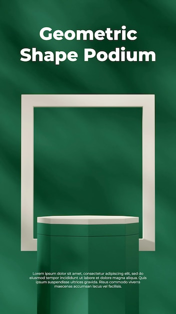Бело-зеленый подиум на портрете с белой рамкой и зеленой стеной 3d-рендеринга сцены макета