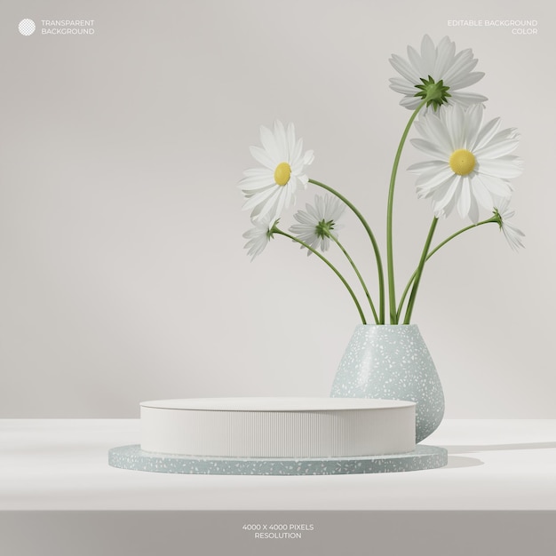 white green terrazzo podium in square white daisy flower 3d image render of transparent background