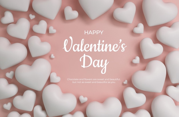 PSD white hearts background with sweet happy valentines day greetings