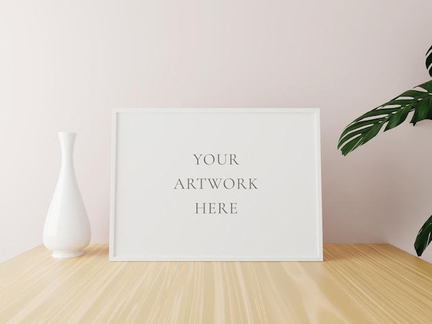 PSD white horizontal frame mockup on wooden table with vase and plants. 3d rendering.