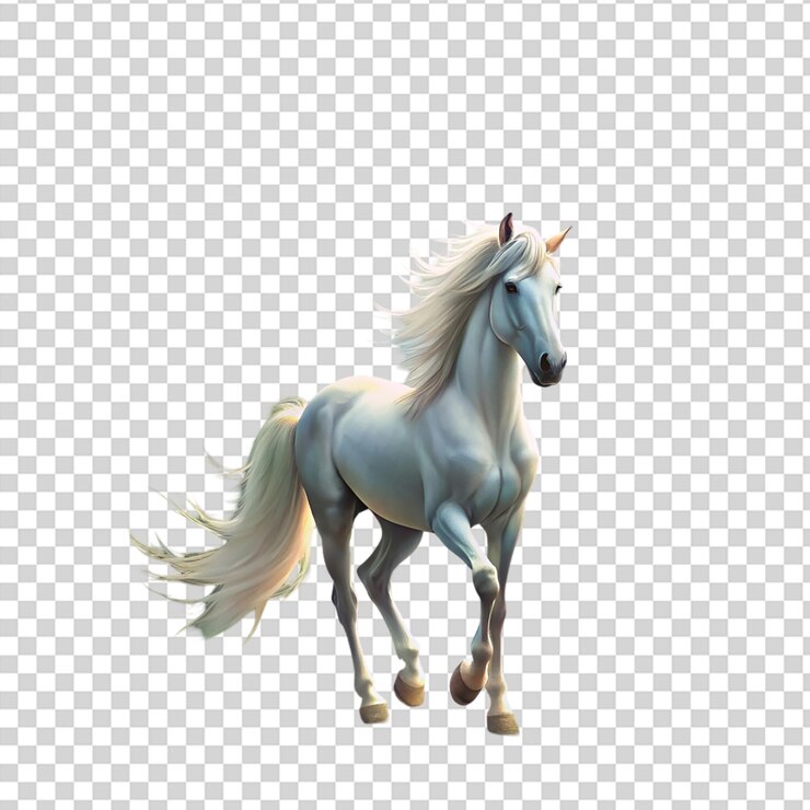 PSD a white horse with a long mane and tail running in a field on transparent background