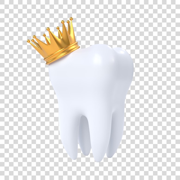 白い背景の 3 D レンダリング図に分離された金の王冠をかぶった白い人間の歯