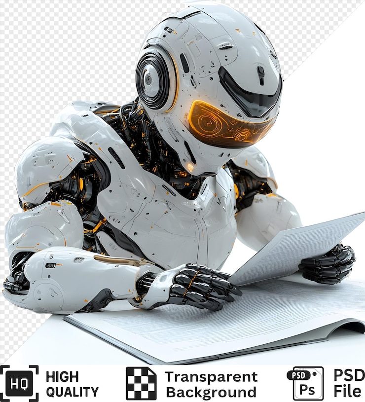 PSD white humanoid robot reading a book with glowing orange accents isolated on a transparent background
