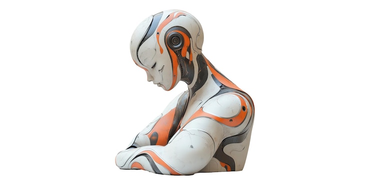 PSD white humanoid robot sitting with futuristic design isolated on transparent background
