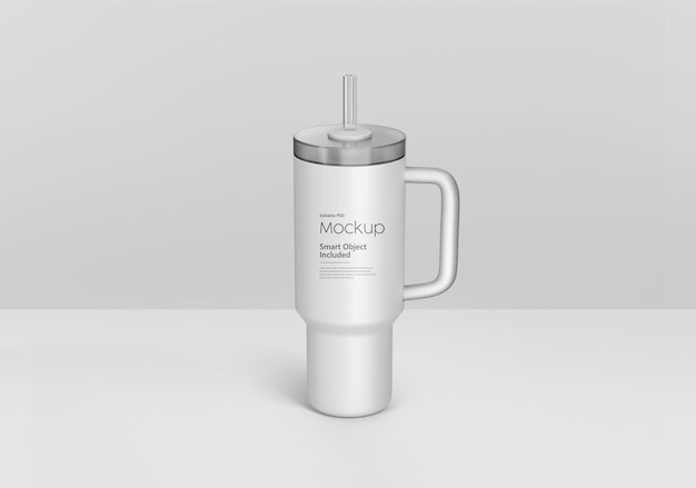 white insulated tumbler with straw and handle mockup