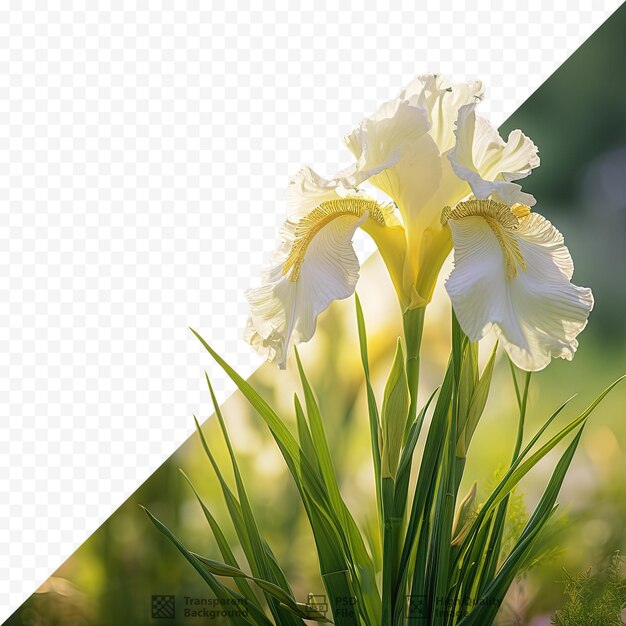 PSD white iris flowers bloom in spring with shallow depth of field and a blurtransparent background