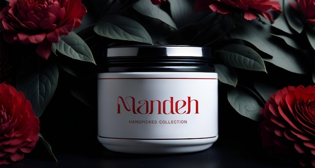 A white jar of mandi handmade collection with red roses in the background.