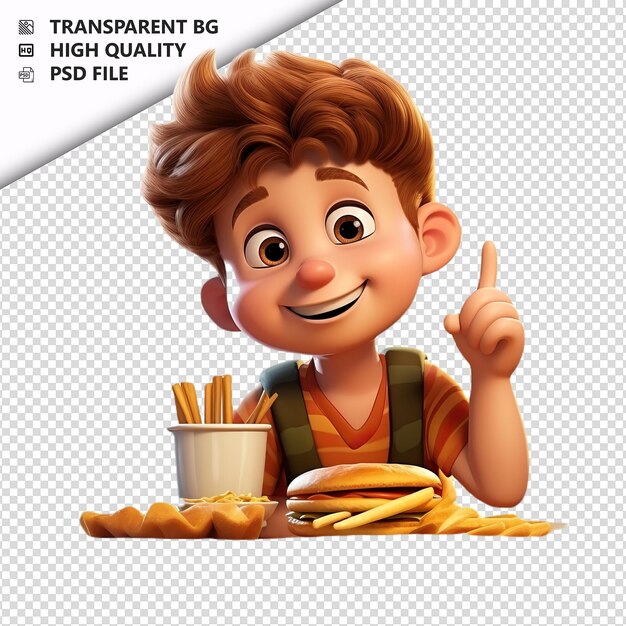 PSD white kid dining 3d cartoon style white background isolat