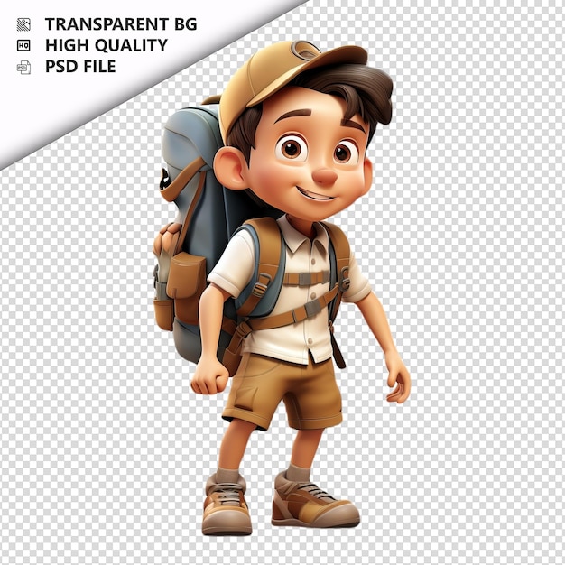 PSD white kid hiking 3d cartoon stijl witte achtergrond isolat