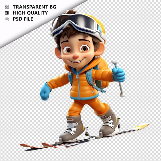 PSD Белый ребенок катается на лыжах в стиле мультфильмов в 3d. белый фон изолирован.