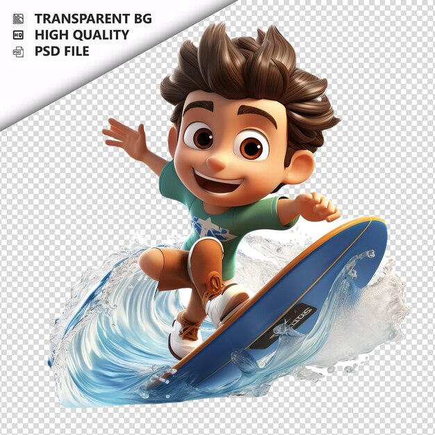 PSD white kid surfing 3d cartoon style white background isola