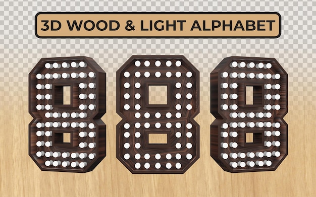 PSD white light bulb in realistic 3d wooden alphabet letters