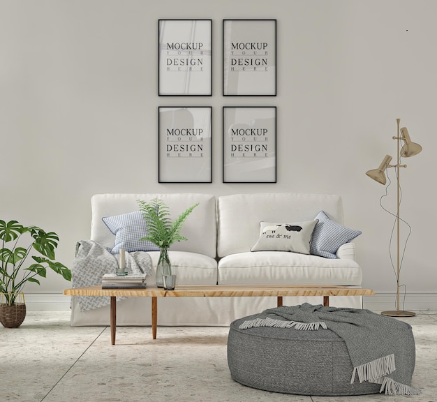 White living room with sofa and mockup poster in frame