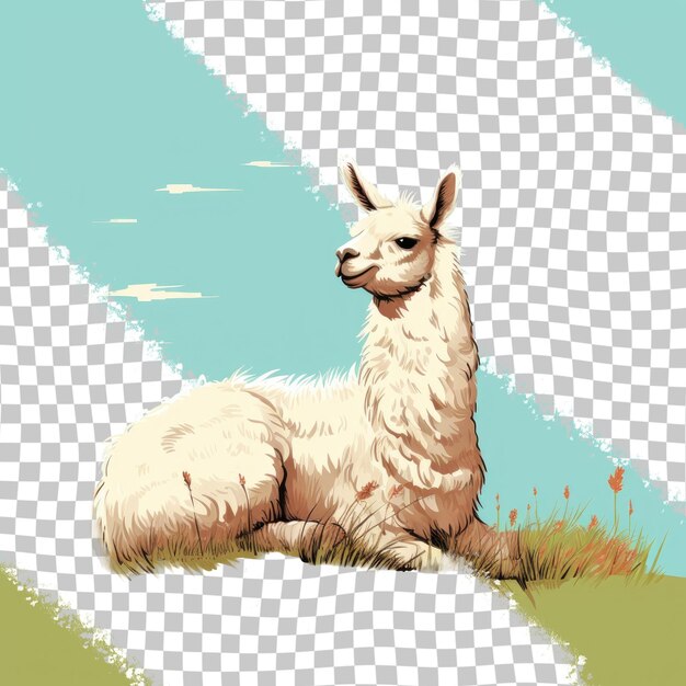 white llama resting on transparent background with fur illuminated by subtle light
