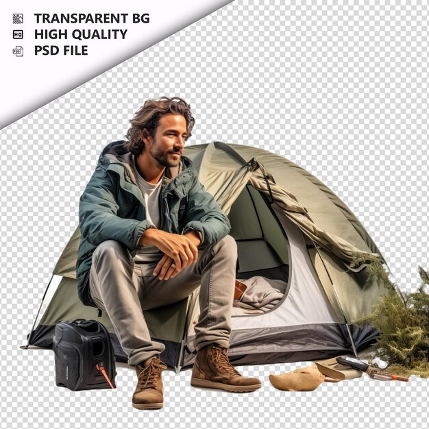 Uomo bianco in campeggio stile ultra realistico sfondo bianco