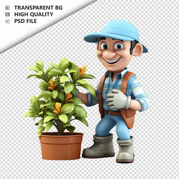 PSD white man gardening 3d cartoon style white background iso