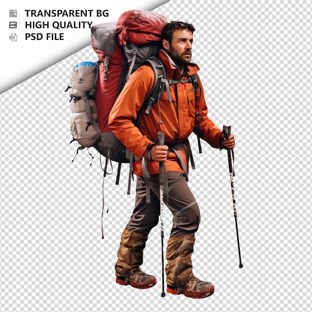 White man hiking ultra realistic style white background i