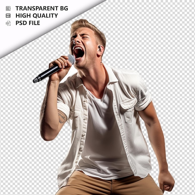 Uomo bianco che canta in stile ultra realistico sullo sfondo bianco