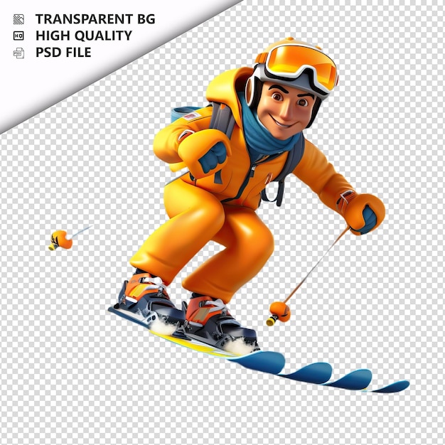 PSD Белый человек катается на лыжах в стиле мультфильмов в 3d. белый фон изолирован.