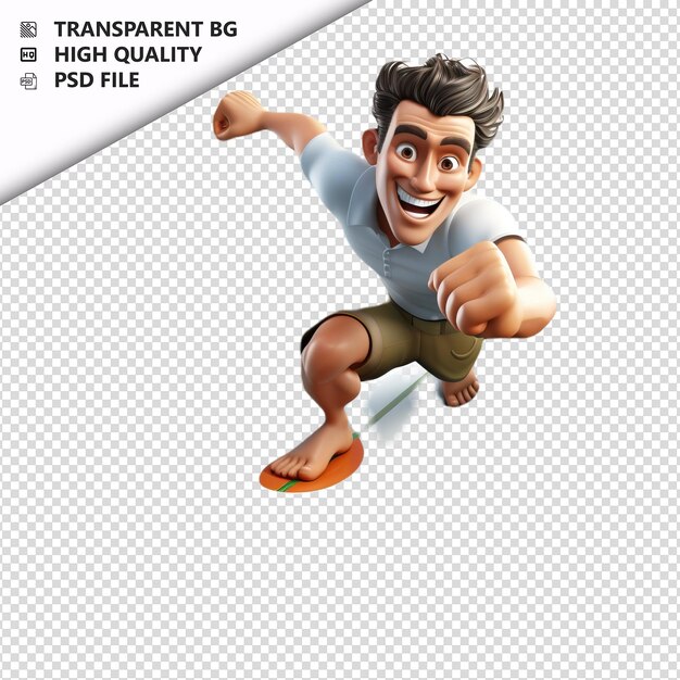 PSD white man surfing 3d in stile cartone animato con sfondo bianco