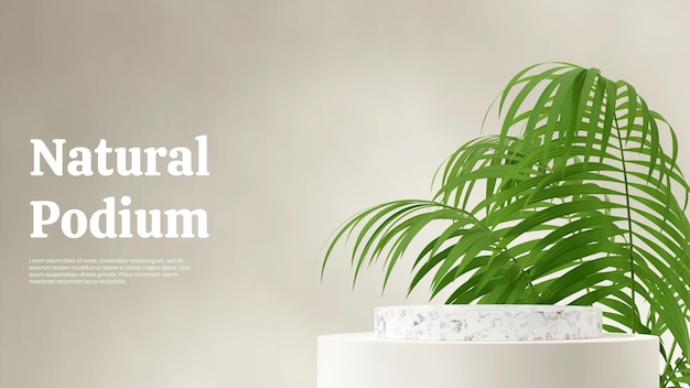 PSD white marble cylinder podium in landscape aracea palm plant background 3d rendering scene template