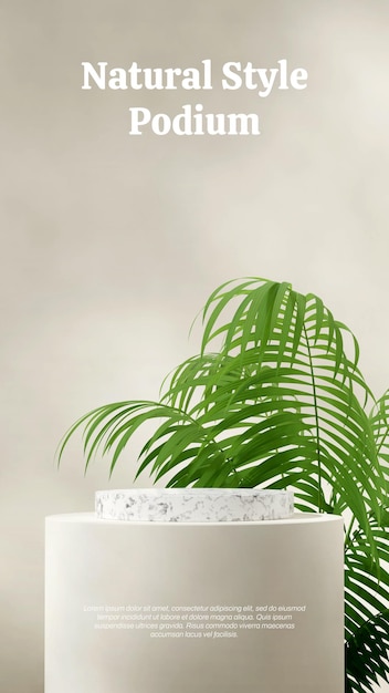 White marble cylinder podium in portrait aracea palm plant background 3d rendering scene template