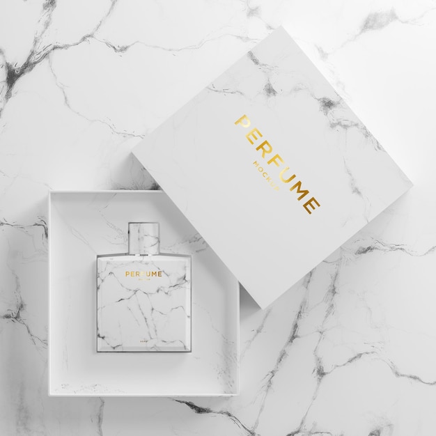 PSD white marble perfume bottle logo mockup for branding 3d render