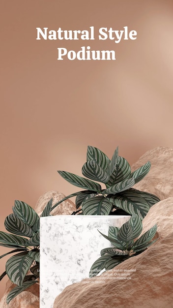 PSD white marble podium in portrait calathea plant and rocks background 3d render image scene template