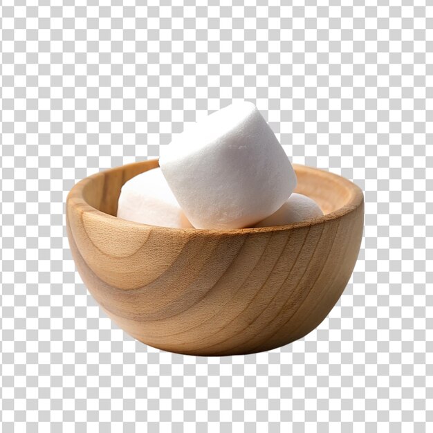 White marshmallow on wooden bowl isolated on transparent background