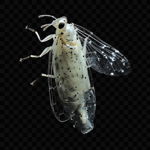 A white moth with black spots and a black background